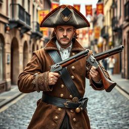 A medieval musketeer man dressed in detailed 17th-century clothing, featuring a lavishly decorated coat and a classic tricorn hat