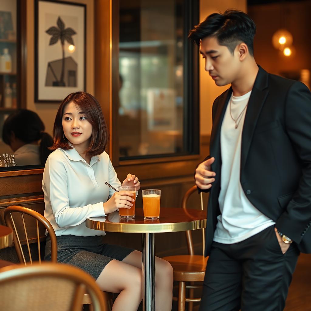 A lovely scene set in a cozy café, featuring Soo-ah, a pretty 28-year-old woman with shoulder-length brown hair, wearing a stylish white long sleeve polo