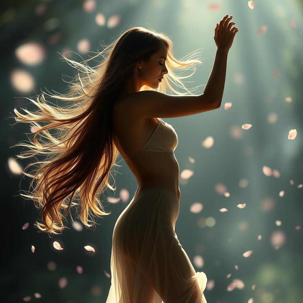 A stunning, ethereal figure of a woman with long flowing hair, gracefully posed in a serene environment