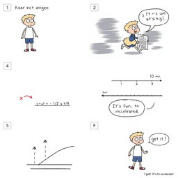 A comic strip illustrating uniformly accelerated motion in six frames