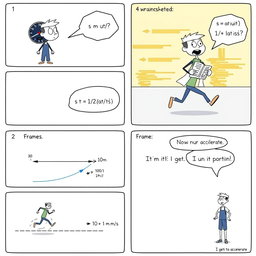 A comic strip illustrating uniformly accelerated motion in six frames