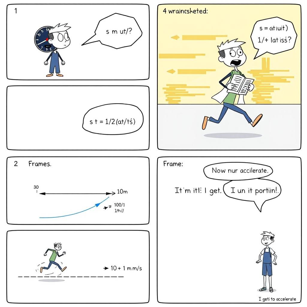 A comic strip illustrating uniformly accelerated motion in six frames