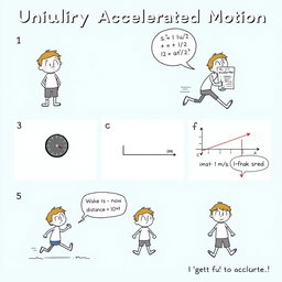A comic strip illustrating uniformly accelerated motion in six frames