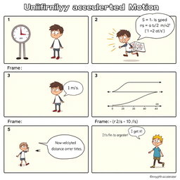 A comic strip illustrating uniformly accelerated motion in six frames