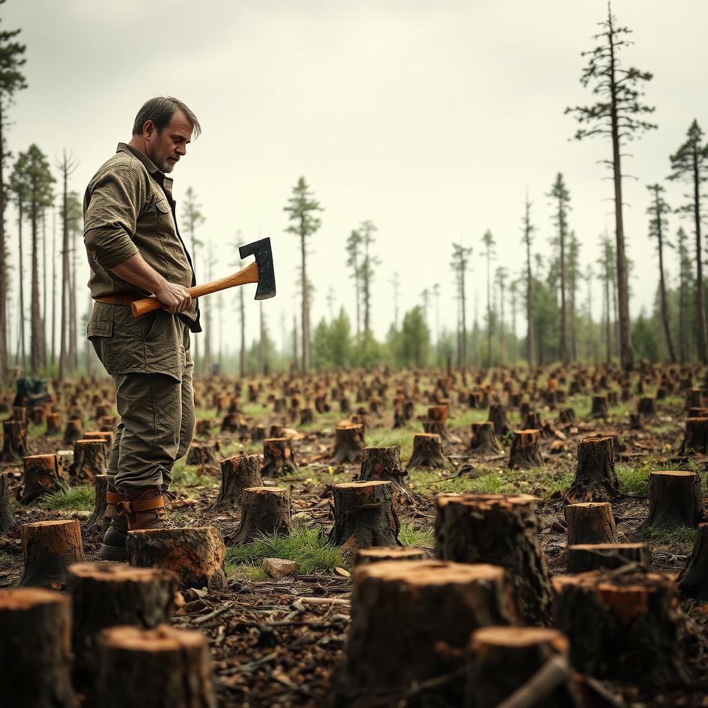 A tall, strong woodcutter wearing a brown shirt and rough boots lowers his axe, looking around an empty clearing