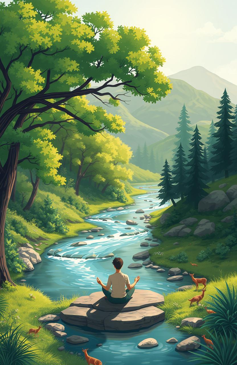 A serene and harmonious illustration showcasing the elements of nature, including a lush forest with vibrant green trees, a flowing river reflecting the sunlight, gentle hills in the background, and a human being peacefully connecting with nature