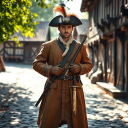 A medieval musketeer standing confidently, wearing a traditional outfit with a feathered hat and a long, ornate coat, equipped with stylish flintlock pistols in a holster at his waist