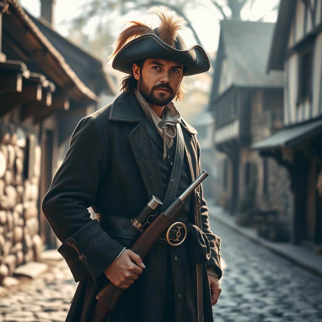 A medieval musketeer standing confidently, wearing a traditional outfit with a feathered hat and a long, ornate coat, equipped with stylish flintlock pistols in a holster at his waist