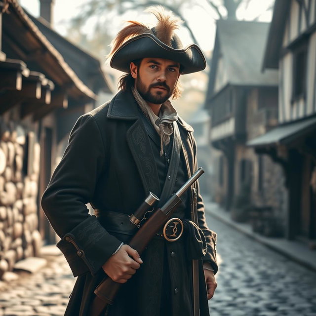 A medieval musketeer standing confidently, wearing a traditional outfit with a feathered hat and a long, ornate coat, equipped with stylish flintlock pistols in a holster at his waist