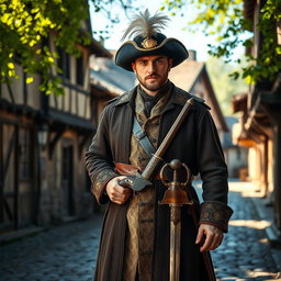 A medieval musketeer standing confidently, wearing a traditional outfit with a feathered hat and a long, ornate coat, equipped with stylish flintlock pistols in a holster at his waist