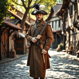 A medieval musketeer standing confidently, wearing a traditional outfit with a feathered hat and a long, ornate coat, equipped with stylish flintlock pistols in a holster at his waist