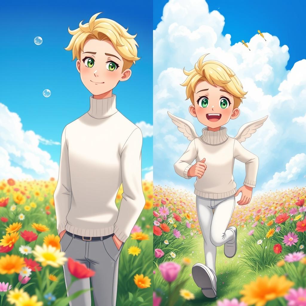 A cartoon version of a tall adult male anime-style character with wavy blond hair and bright green eyes, wearing a white turtleneck sweater