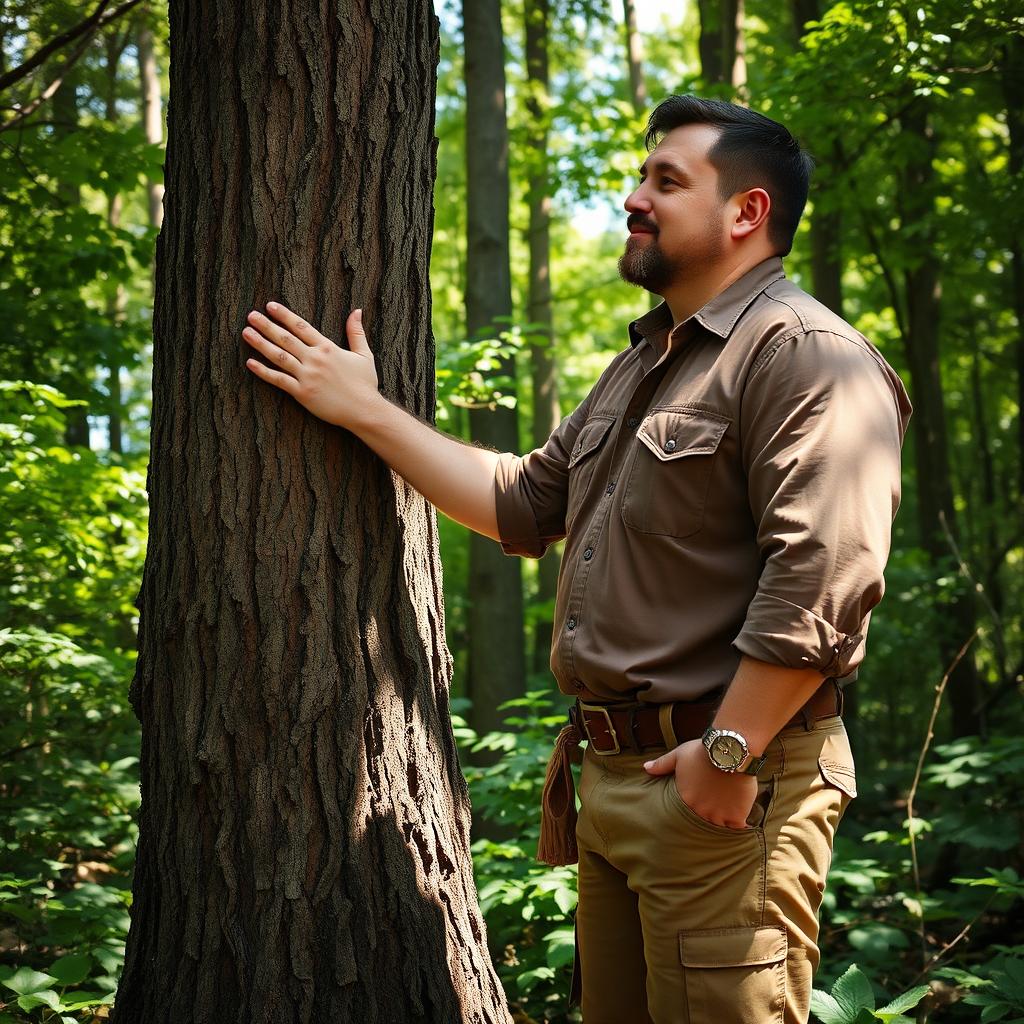 A tall, strong woodcutter wearing a brown shirt and rugged boots stands in a lush, dense forest