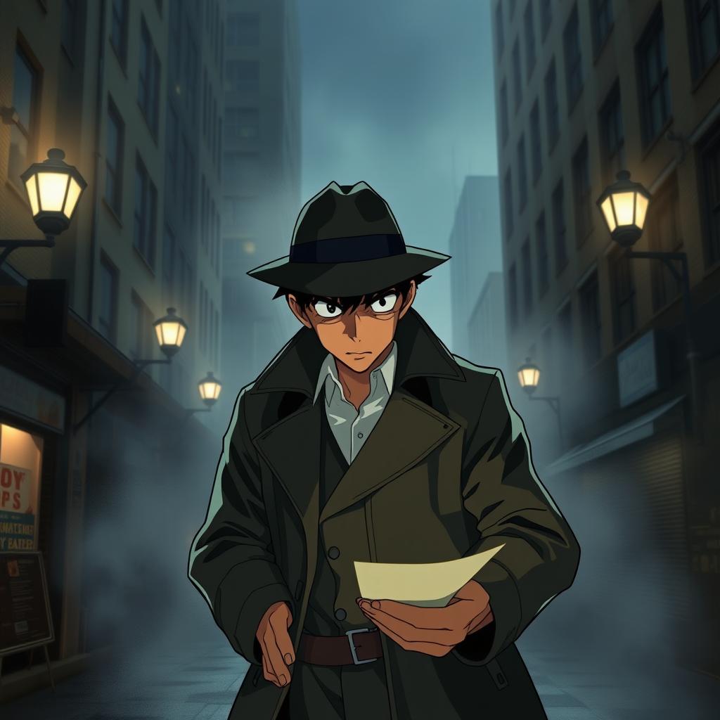 A scene depicting a determined detective, inspired by the character Detective Conan, with sharp features and wearing a classic detective outfit, including a trench coat and a fedora hat, intently examining evidence on a dimly lit street