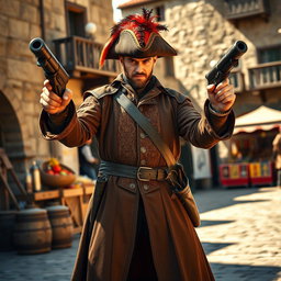 A medieval musketeer man striking a bold pose, proudly brandishing two impressive hand cannons in his hands