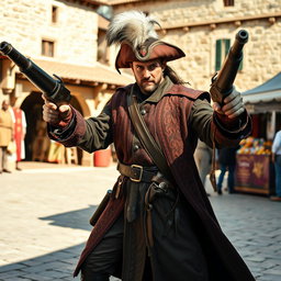 A medieval musketeer man striking a bold pose, proudly brandishing two impressive hand cannons in his hands