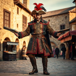 A medieval musketeer man striking a bold pose, proudly brandishing two impressive hand cannons in his hands