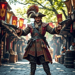 A medieval musketeer man poised heroically, wielding two finely crafted pistols, one in each hand, showcasing his readiness for action