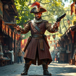 A medieval musketeer man poised heroically, wielding two finely crafted pistols, one in each hand, showcasing his readiness for action