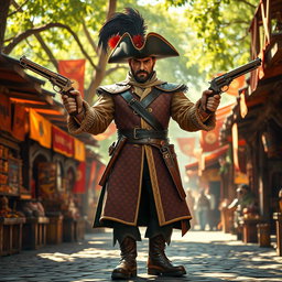 A medieval musketeer man poised heroically, wielding two finely crafted pistols, one in each hand, showcasing his readiness for action