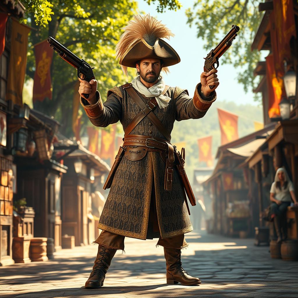 A medieval musketeer man poised heroically, wielding two finely crafted pistols, one in each hand, showcasing his readiness for action