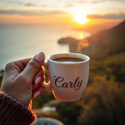 A realistic image of a woman's hand with pearlescent nails grasping the handle of a steaming cup of coffee, without a saucer