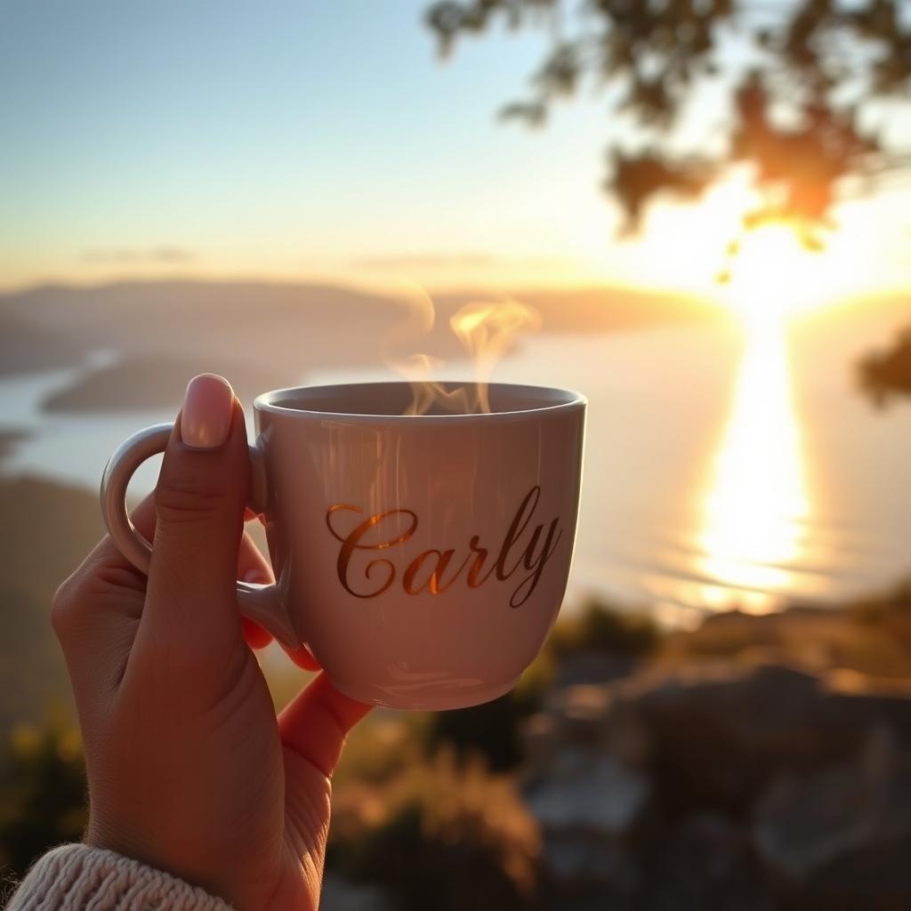 A realistic image of a woman's hand with pearlescent nails grasping the handle of a steaming cup of coffee, without a saucer