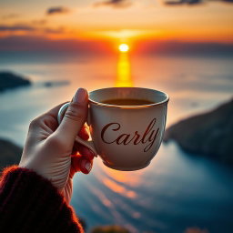 A realistic image of a woman's hand with pearlescent nails grasping the handle of a steaming cup of coffee, without a saucer