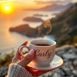 A realistic image of a woman's hand with pearlescent nails grasping the handle of a steaming cup of coffee, without a saucer