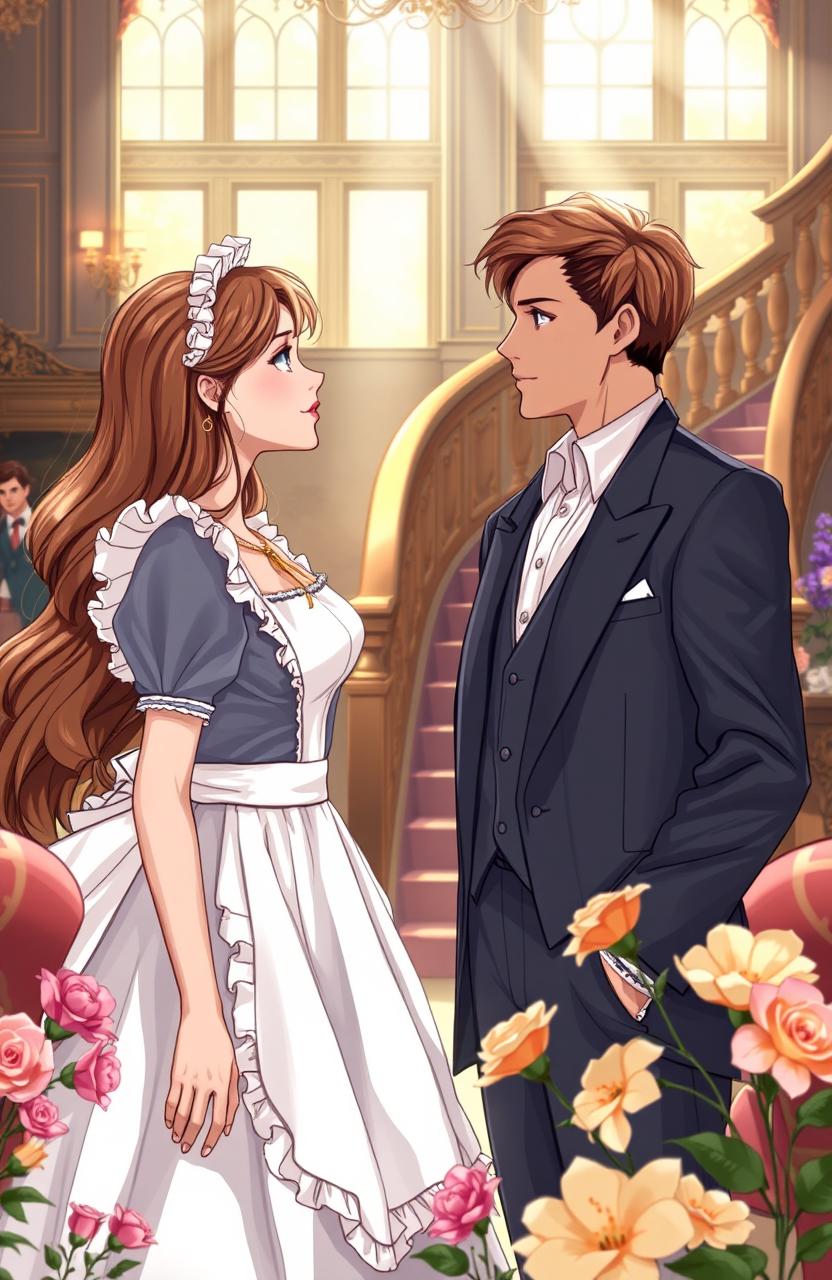 A romantic scene depicting a beautiful maid with long flowing hair, dressed in a classic maid outfit with a frilly apron, gazing longingly at a handsome young man, the rich son, who is wearing an elegant tailored suit