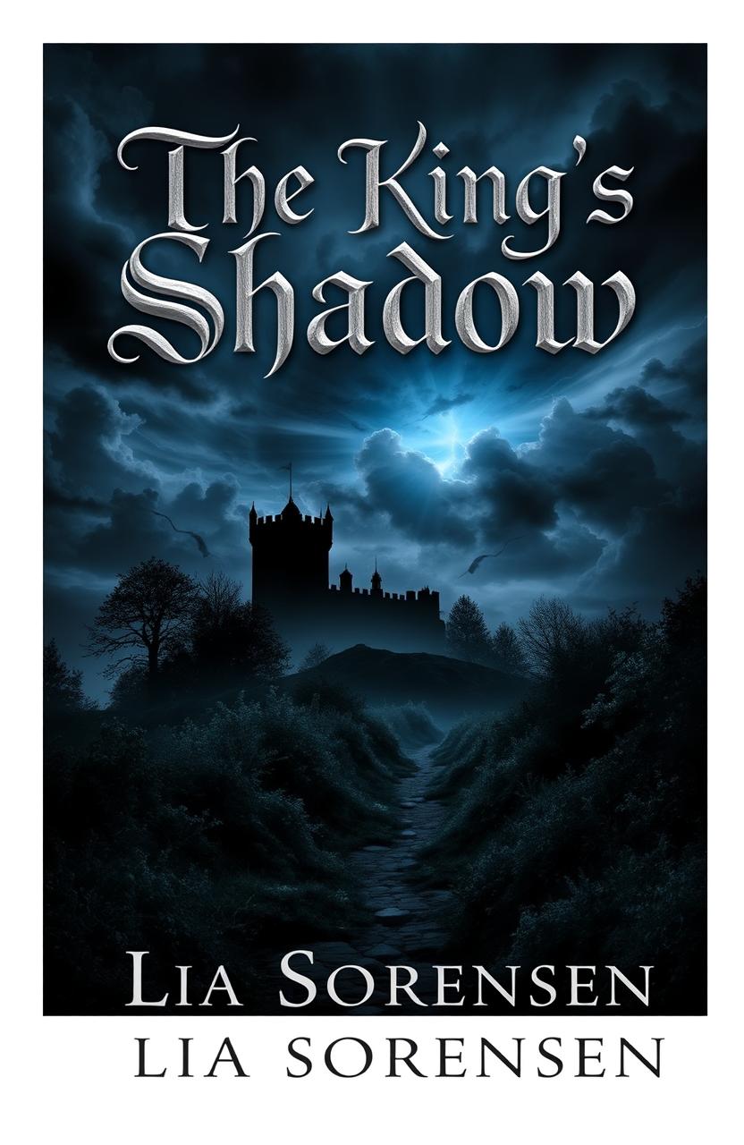 A creatively designed book cover for "The King's Shadow" by Lia Sorensen, featuring a dark and mystical landscape