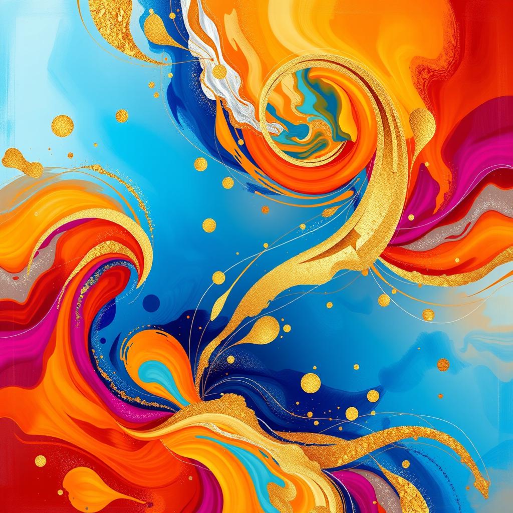 A vibrant and colorful painting poster featuring an abstract design with swirling patterns and a blend of warm and cool color schemes