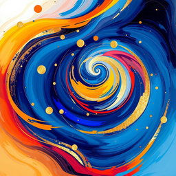 A vibrant and colorful painting poster featuring an abstract design with swirling patterns and a blend of warm and cool color schemes