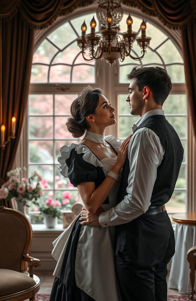 A romantic scene depicting a real-life maid deeply in love with a wealthy young man
