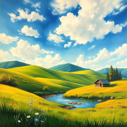 A captivating painting poster that showcases a serene landscape scene, featuring rolling green hills under a bright blue sky dotted with fluffy white clouds