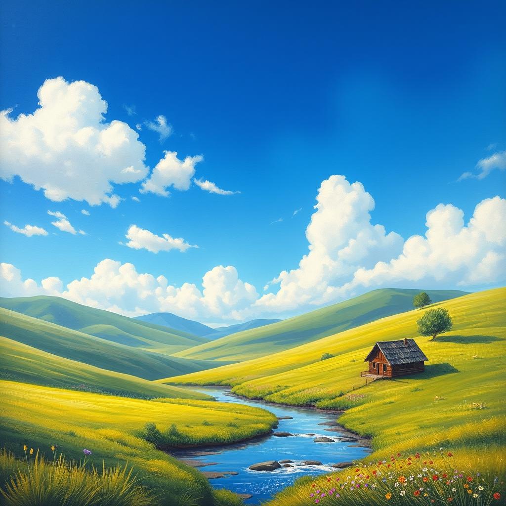 A captivating painting poster that showcases a serene landscape scene, featuring rolling green hills under a bright blue sky dotted with fluffy white clouds