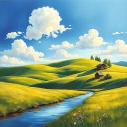 A captivating painting poster that showcases a serene landscape scene, featuring rolling green hills under a bright blue sky dotted with fluffy white clouds