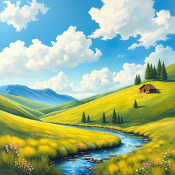 A captivating painting poster that showcases a serene landscape scene, featuring rolling green hills under a bright blue sky dotted with fluffy white clouds