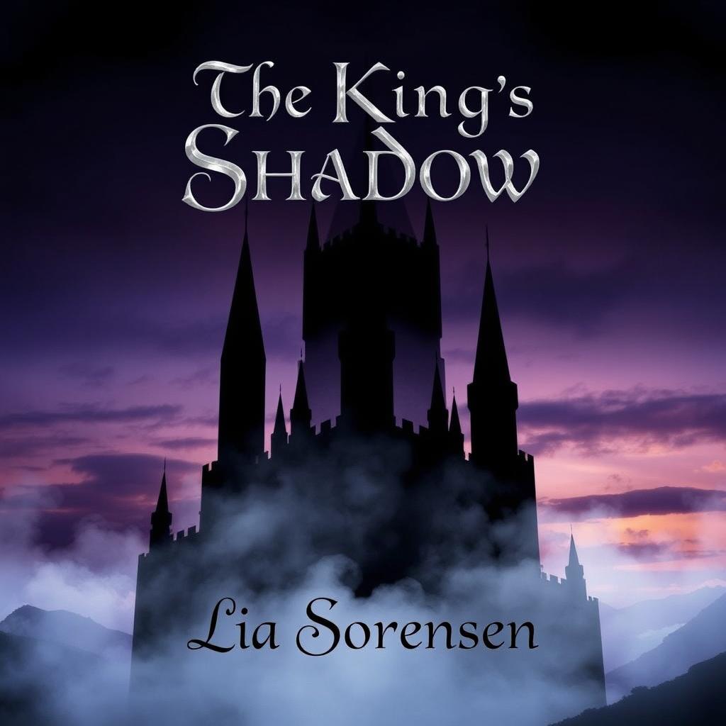 A striking book cover for "The King's Shadow" by Lia Sorensen, featuring an abstract representation of a looming castle under a dramatic, twilight sky