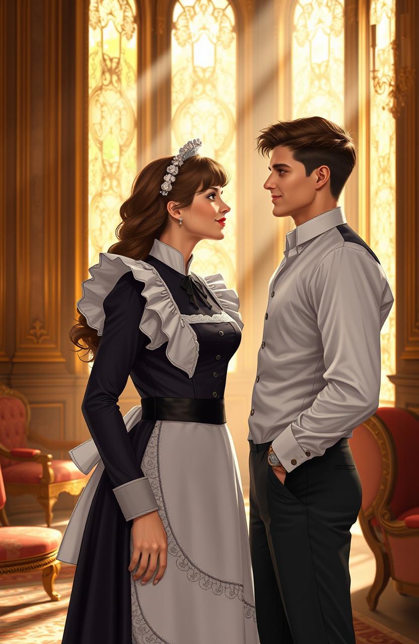 A beautiful maid with an elegant uniform, standing in a luxurious mansion, gazing affectionately at a handsome young man who is the rich son of the household