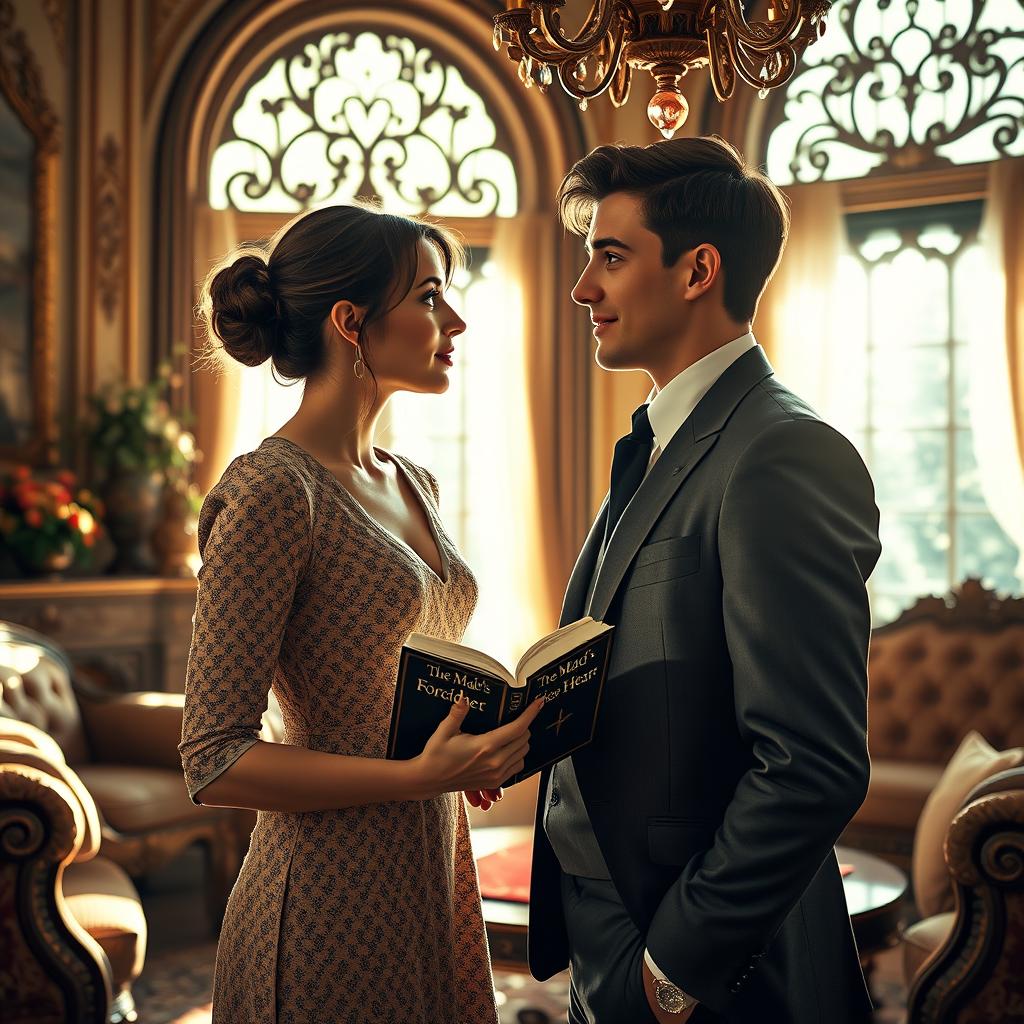 A young, attractive nanny in a fashionable outfit, standing in a lavish living room of a luxurious mansion, gazing longingly at a charming young man who is the rich son of the family