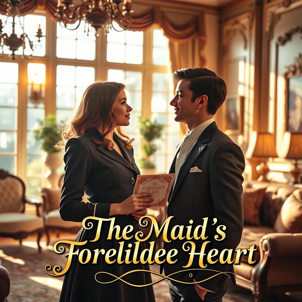 A scene depicting a young, attractive nanny in a stylish uniform, standing in the elegant living room of a luxurious mansion, gazing dreamily at the charming young man who is the rich son of the family