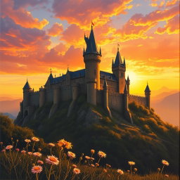 A stunning book cover featuring a magnificent medieval castle perched on a hill, bathed in the warm, golden glow of a sunset
