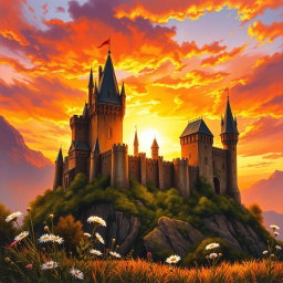 A stunning book cover featuring a magnificent medieval castle perched on a hill, bathed in the warm, golden glow of a sunset