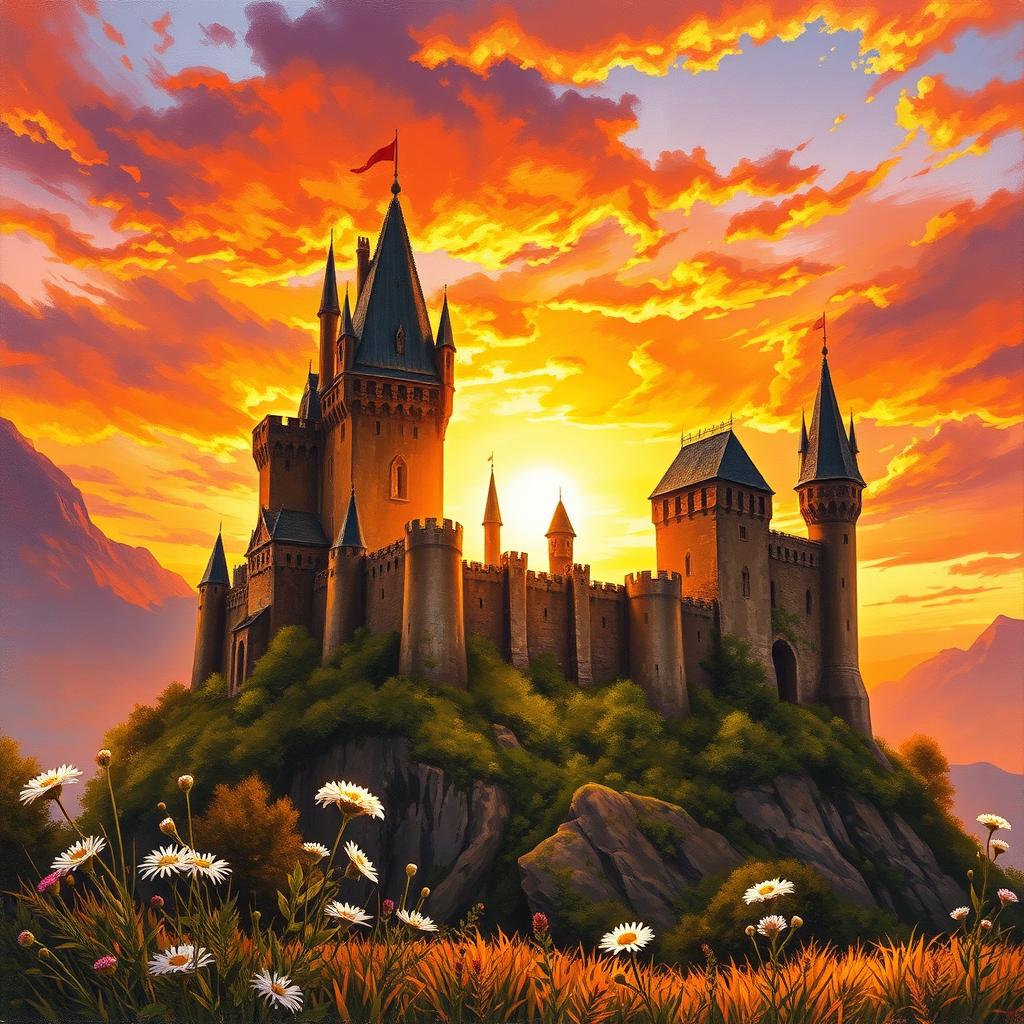 A stunning book cover featuring a magnificent medieval castle perched on a hill, bathed in the warm, golden glow of a sunset