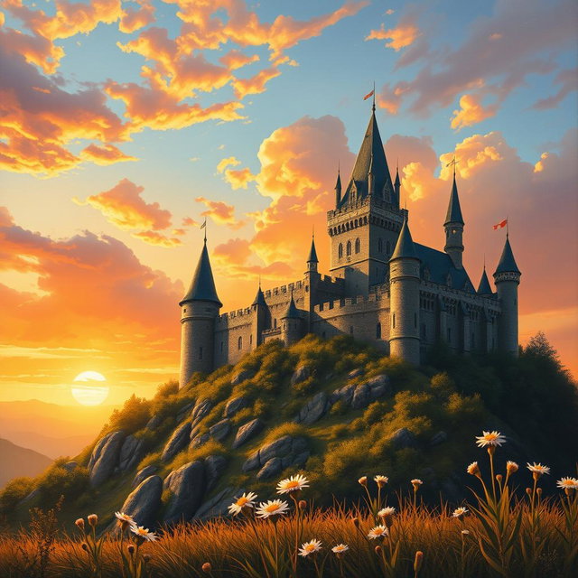 A stunning book cover featuring a magnificent medieval castle perched on a hill, bathed in the warm, golden glow of a sunset