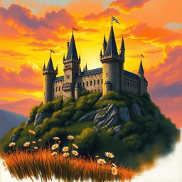 A stunning book cover featuring a magnificent medieval castle perched on a hill, bathed in the warm, golden glow of a sunset