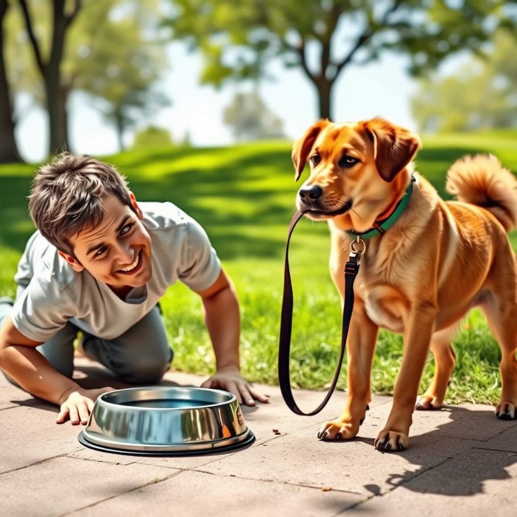 A humorous scene depicting a human kneeling down and drinking water from a dog bowl on the ground, mimicking a dog