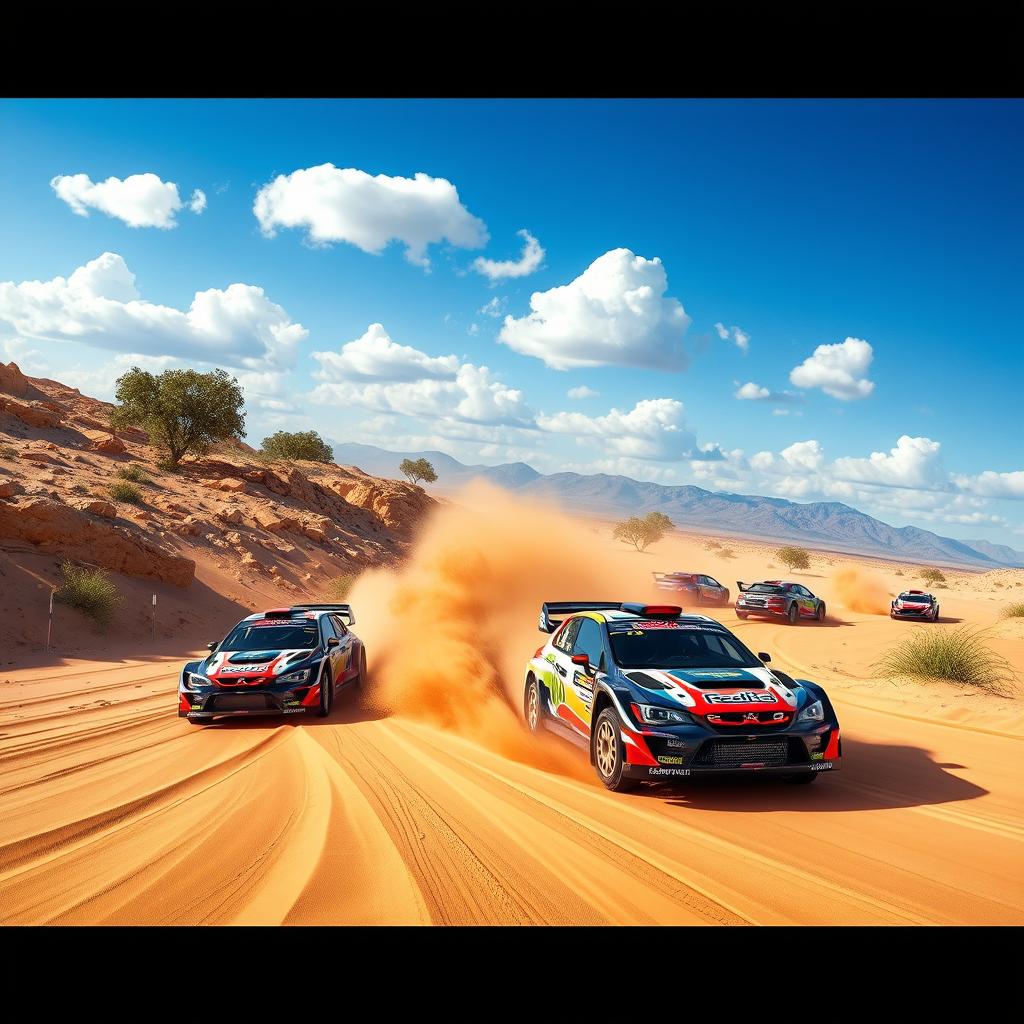 A dynamic rally racing scene inspired by Sega Rally, featuring a sandy desert landscape with rugged terrain and distant mountains
