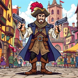 A medieval musketeer man illustrated in a vibrant comic style, brandishing two stylish pistols, one in each hand, exuding an aura of confidence and adventure